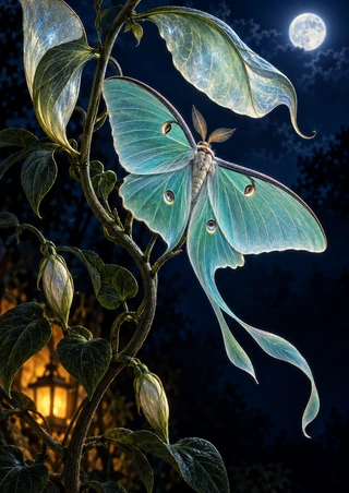 A pale turquoise long-tailed moth with spread wings among dark curling vine and large translucent wing-like leaves, with buds, a moon and amber lantern glow.