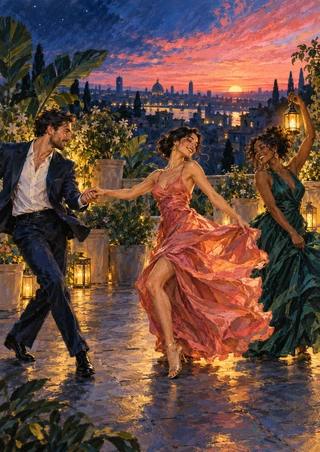 Three formally dressed adult dancers in a rooftop garden at sunset; a woman at right raises a glowing lantern.