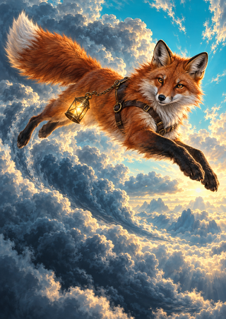 Russet fox wearing a dark harness and glowing brass lantern, flying through blue-gray clouds beneath a turquoise sky opening.