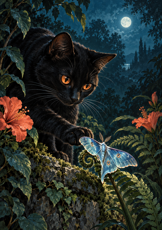 Black cat with copper eyes reaching toward a luminous blue moth on a rocky ledge, framed by moonlit foliage and coral-red flowers.