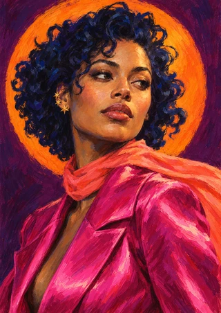Adult woman with voluminous dark curls, gold star-shaped earrings, coral scarf, and fuchsia jacket against an orange circle and plum background.