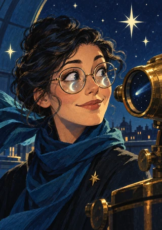 Illustrated stargazer in round glasses and a blue scarf beside a brass telescope under a deep blue starry sky.