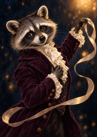 A raccoon in a dark plum coat and pale ruffles holds a long looping cream ribbon against a dark amber-speckled background.