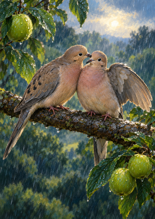 Two light brown, pink-breasted dove-like birds touch beaks on a wet branch, framed by leaves and green fruit.