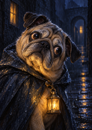 Wide-eyed pug in a dark rain cape with a glowing brass-colored lantern in a rainy indigo alley.