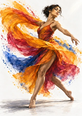 Adult dancer turning barefoot amid sweeping saffron, orange, raspberry, and blue fabric-like forms against white.