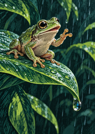 Green frog with large round eyes perched on a glossy diagonal leaf, with a bright droplet hanging from its tip.