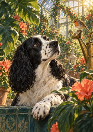 Black-and-white spaniel looking up at a brown bird perched on a brass watering-can spout in a leafy greenhouse.