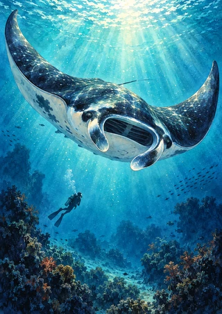 Large manta ray gliding toward the viewer above a small distant scuba diver, with turquoise sunbeams, suspended particles, fish and reef silhouettes.
