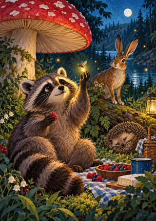 Raccoon holding a berry, hare standing on a log and hedgehog beside a checked picnic cloth beneath a red mushroom at night.