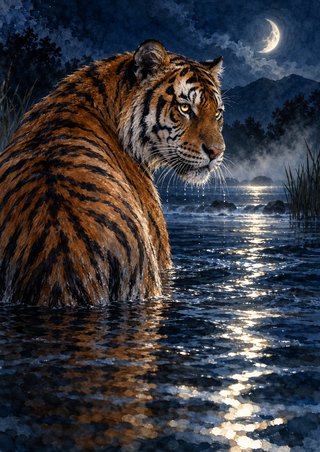 Orange-and-black tiger standing in dark reflective water beneath a crescent moon, with reeds, mist, and distant mountains.