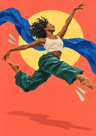 Adult dancer leaping in a white cropped top and dark teal trousers, with a flowing cobalt sash against coral and pale yellow.