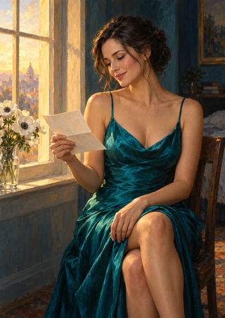 Seated woman in a teal dress reading a folded letter beside a bright window and white flowers.