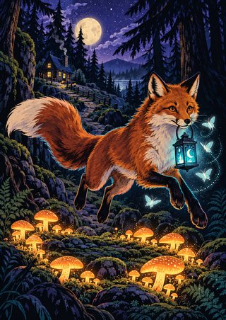 Russet fox leaping through a moonlit forest with a blue lantern, glowing mushrooms, moths, and a cottage.