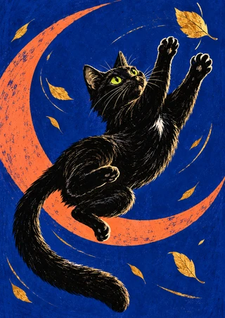 Black cat twisting upward toward golden leaves against an ultramarine background and coral crescent.