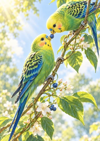 Two yellow-green parakeets on a flowering branch, with the upper bird holding a small blue berry at its beak.