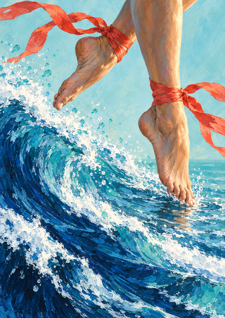 Two bare feet and lower legs wrapped with coral-red ribbons move above a curling cobalt wave with white spray.