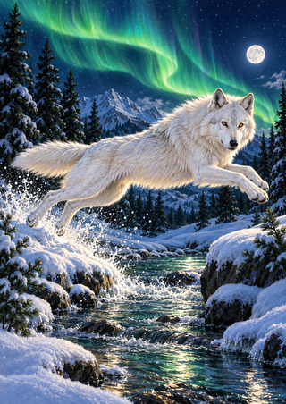 White wolf leaping above a snowy stream beneath a green aurora, with a moon, evergreen trees, and distant mountains.