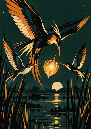 Three stylized birds converge around a glowing golden lantern over a dark marsh with reeds, a low moon, and water reflections.
