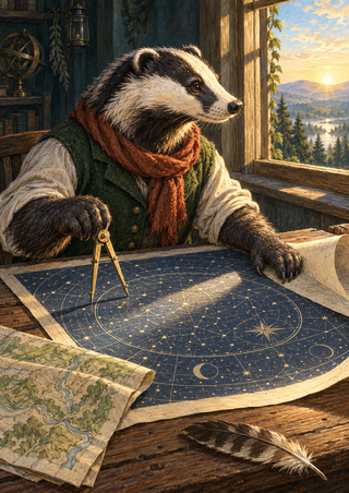A badger in a dark green waistcoat and rust scarf sits at a drafting table with a star chart and compass beside a sunrise window.