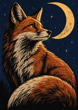 Red-orange fox with a curled tail gazing toward a golden crescent moon against a dark indigo star field.
