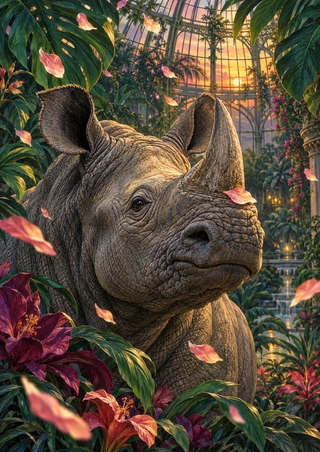 Close rhinoceros portrait in a leafy greenhouse, with a pale coral petal resting on its snout and more petals drifting nearby.