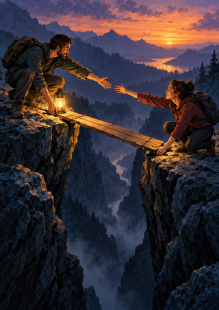 Two hikers reaching toward each other across a plank bridge over a deep ravine, with a lantern and sunset mountains.
