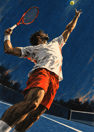 A tennis player in a white shirt and red shorts stretches upward beneath a yellow ball with a racket raised overhead.