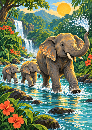 An adult elephant raises its trunk and sprays water while two smaller elephants follow through a turquoise stream surrounded by tropical foliage.