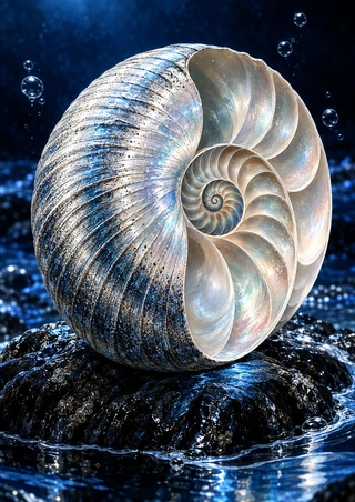 Pearly spiral-chambered shell on a glossy dark rock surrounded by tidepool water and bubbles.