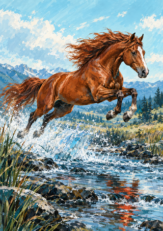 A chestnut horse jumps rightward above a rocky stream, with its mane blown back, white spray below, and mountains in the distance.