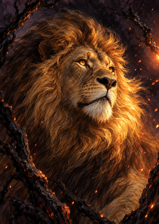 A golden-brown lion looks upward amid dark charred branches and scattered orange sparks against a near-black background.