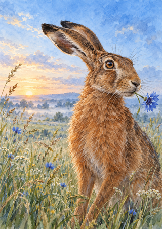 Russet hare holding a blue flower at its mouth in a grassy meadow beneath a pale golden dawn sky.