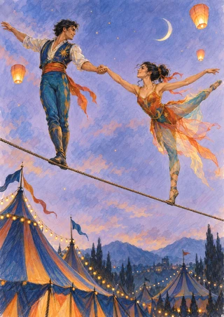 Two costumed acrobats hold hands while balancing on a diagonal tightrope above colorful tents, with a crescent moon and glowing lanterns.