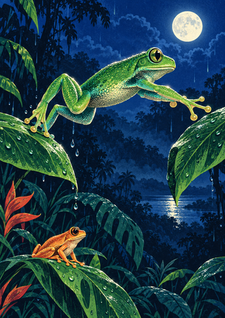 Green tree frog leaping between wet leaves beneath a full moon, with a smaller orange frog, rain, rainforest silhouettes, and water.