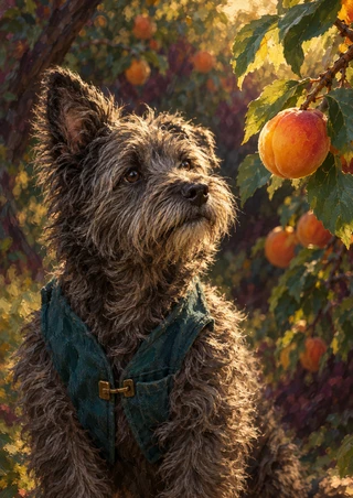 Shaggy charcoal-brown terrier wearing a deep teal vest beside a ripe apricot and leafy orchard branches.
