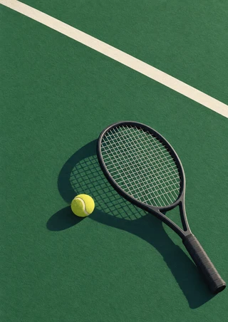 Yellow tennis ball beside the string bed of a dark racket on a green court, with a diagonal white line and long shadows.