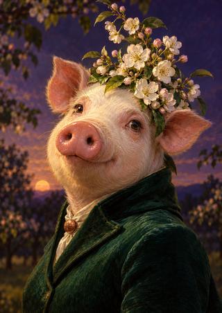 White-and-pink pig in a dark emerald jacket with copper clasp and blossom crown, against a purple orchard at sunset.