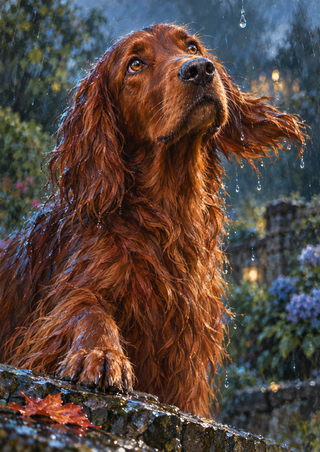 Copper-red setter-type dog looking up toward a raindrop, with one forepaw on a wet stone ledge and blurred garden foliage behind.
