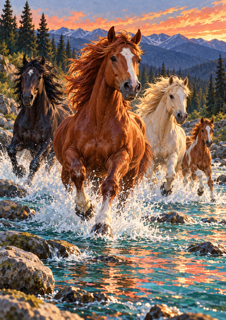 Four chestnut, dark and cream horses gallop through a turquoise stream with splashes, conifer forest, distant mountains and sunset light.