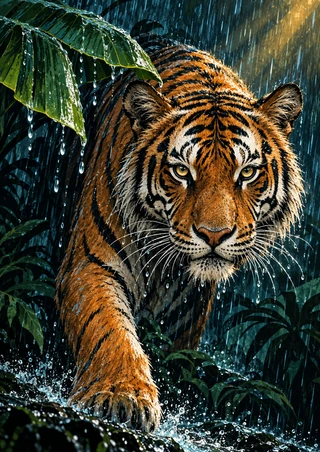 Forward-facing tiger advancing through tropical rain beneath a broad wet banana leaf, with dark foliage and one foreleg visible.