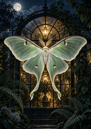 Pale green moth with wings spread before a warmly lit arched greenhouse at night, with a full moon and dense garden foliage.