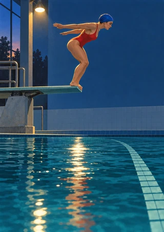 Woman in a red swimsuit and blue cap poised to dive from a springboard above a reflective pool at dusk.