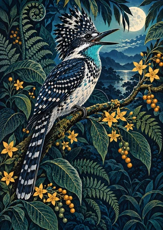 Crested black-and-white bird with open beak perched on a diagonal flowering branch amid indigo foliage, yellow flowers, berries, and moonlight.