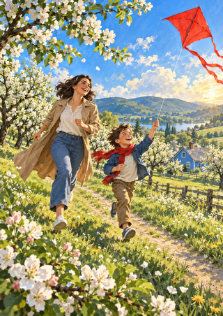 A woman and child run through a flowering orchard beneath a red kite, with a blue farmhouse and distant hills beyond.