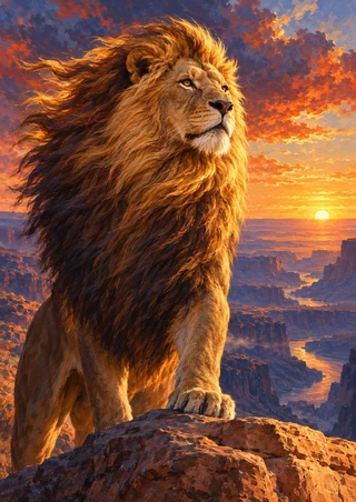 Adult male lion with a wind-swept golden-brown mane standing on a sandstone ledge above a canyon at sunset.