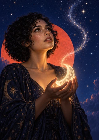 Freckled woman with short dark curls holding a glowing crescent moon beneath curling starlight, with a coral disk behind her.