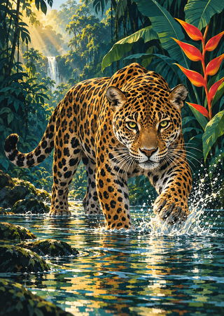 Spotted jaguar walking toward the viewer through a shallow pool, splashing with one forepaw amid heliconia and rainforest foliage.
