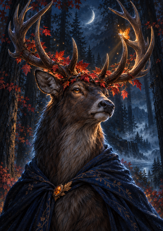 Chest-up stag spirit with large branching antlers threaded with red leaves, a glowing moth on one tine, a dark blue mantle, crescent moon, and forest.