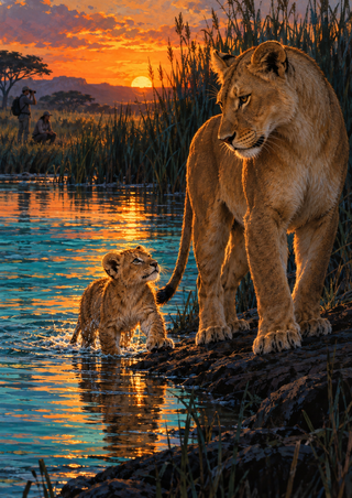 A lioness looks down toward a cub wading at a riverbank, with distant observers, reeds and a copper-gold sunset.